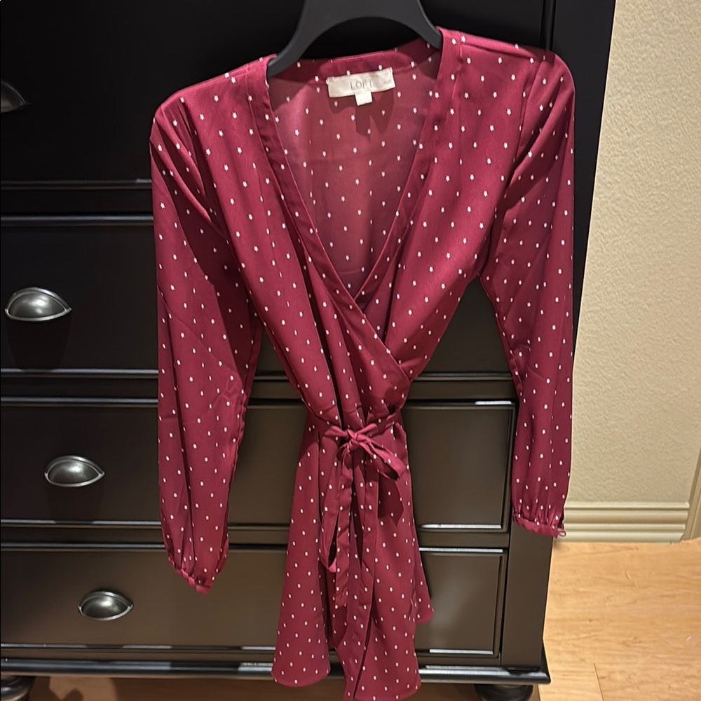 Loft Burgundy Polka Dot Wrap Dress